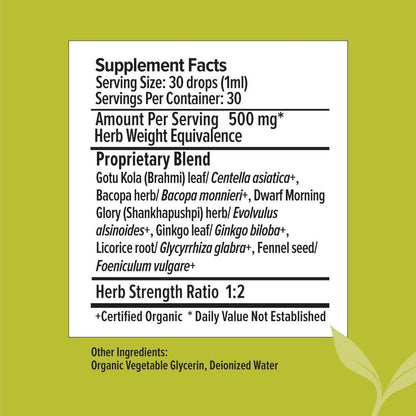 Organic Focus Liquid Extract, USDA Certified Organic, Ayurvedic Herbal Nootropic Formula Designed to Provide Mental Support When You Need to Be Focused, Aware, and Alert.