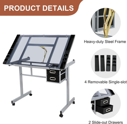 Glass Top Drafting Table with Storage, Adjustable Drawing Desk Rolling Art Craft Station Writing Work Table with Drawers & Wheels