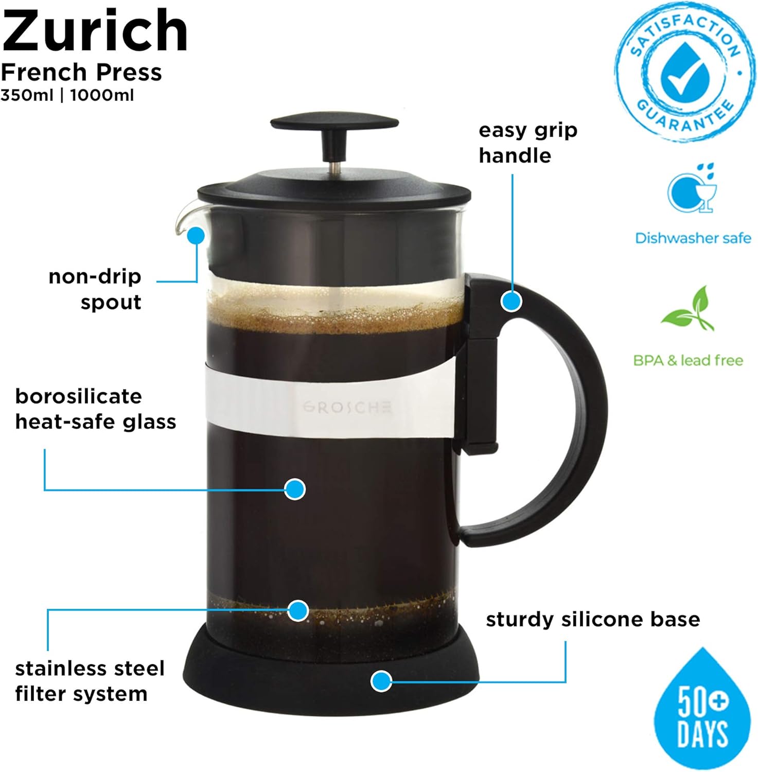 Zurich French Press Coffee Maker, BLACK, 11.8 Fl Oz, 3 Demitasse Cup, 350 Ml, Coffee Press Coffee Maker with Stainless Steel Coffee Filter