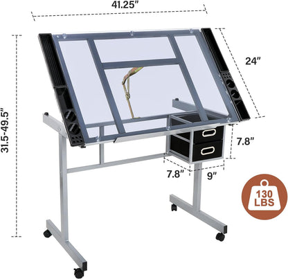 Glass Top Drafting Table with Storage, Adjustable Drawing Desk Rolling Art Craft Station Writing Work Table with Drawers & Wheels