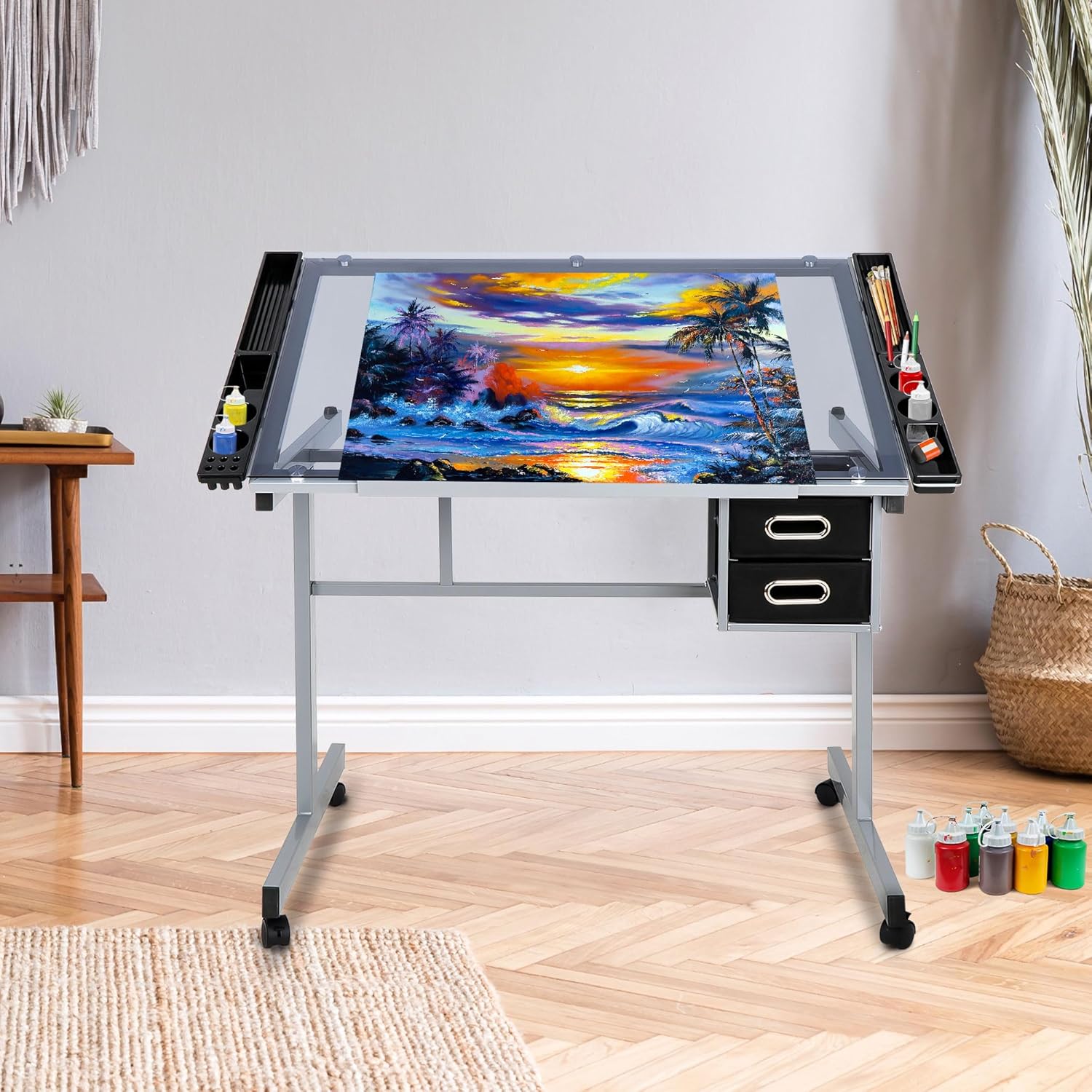 Glass Top Drafting Table with Storage, Adjustable Drawing Desk Rolling Art Craft Station Writing Work Table with Drawers & Wheels