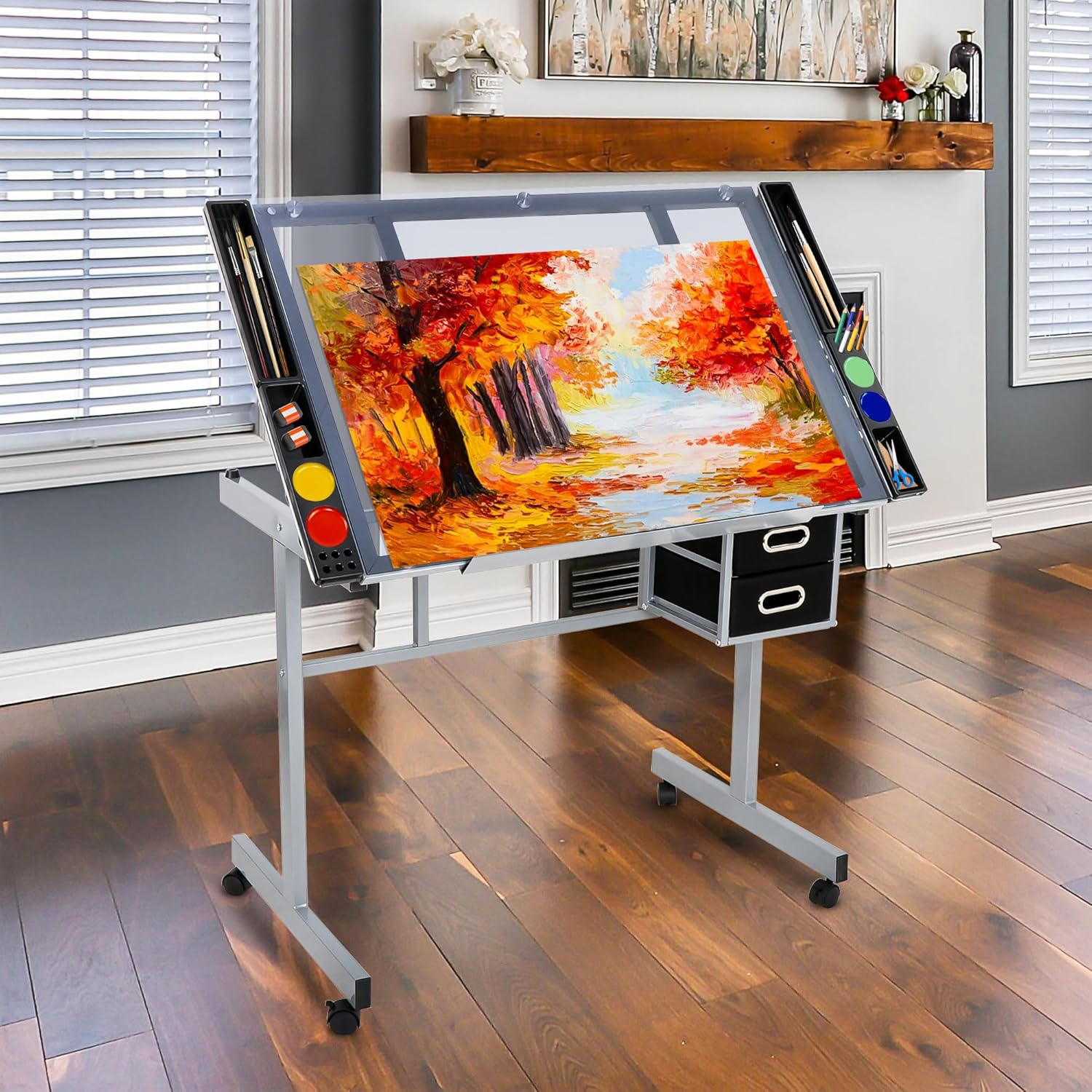 Glass Top Drafting Table with Storage, Adjustable Drawing Desk Rolling Art Craft Station Writing Work Table with Drawers & Wheels